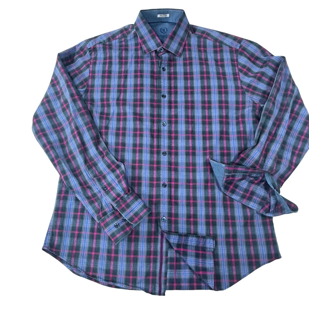 Bugatchi Uomo Mens Shaped Fit Plaid Button Down Shirt Pink Blue Gray Cotton L
